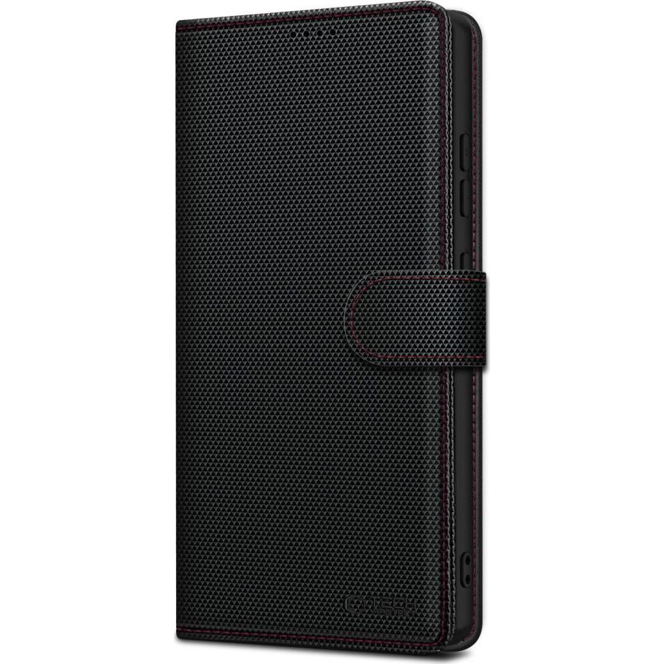 Etui z klapką Tech-Protect Wallet RS do iPhone 16e, czarne z czerwonym przeszyciem. Chropowata powierzchnia, kieszonki na karty, magnetyczne zapięcie